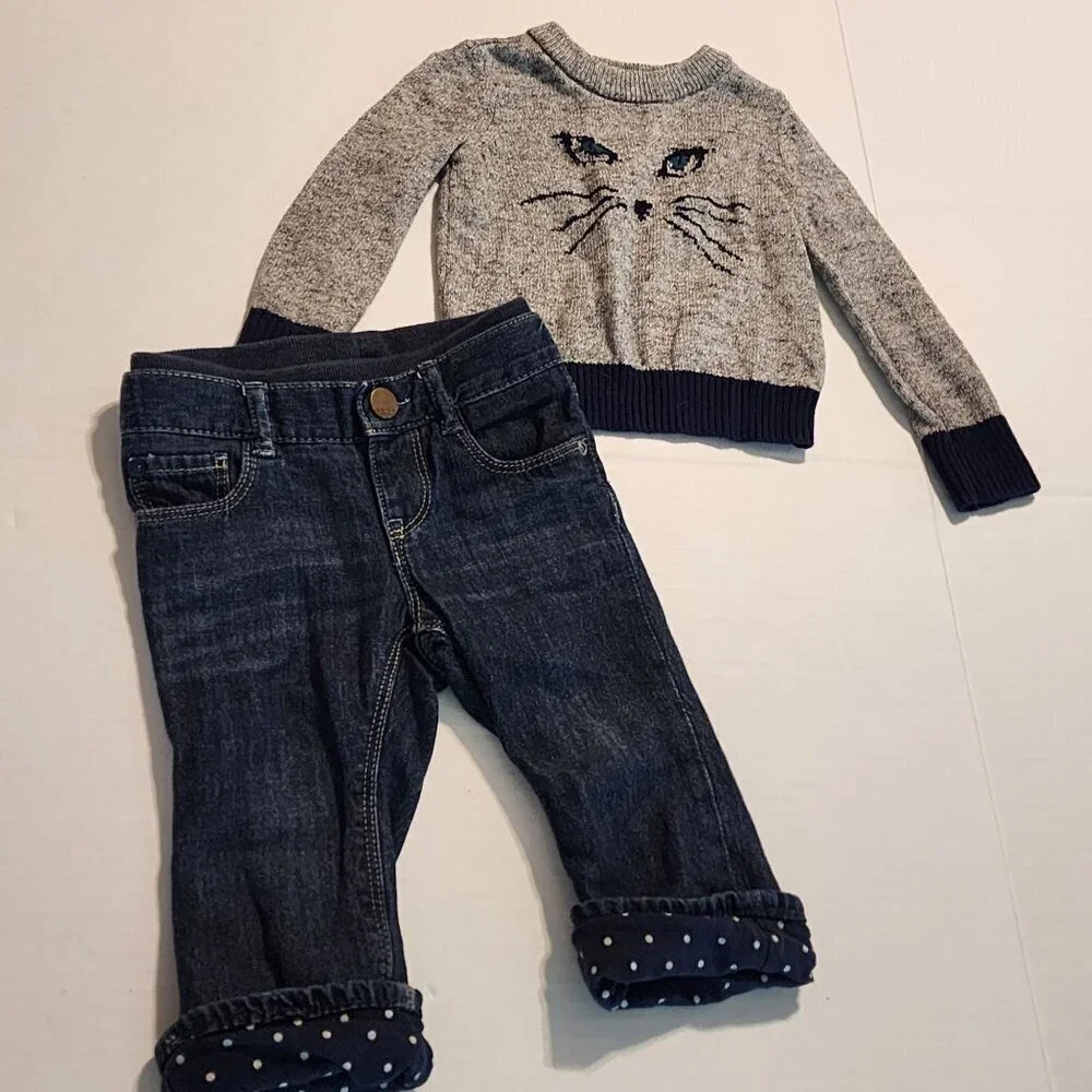 Baby Gap 2 pc outfit girl sz 12-18 months Cat sweater Jeans School Play Daycare